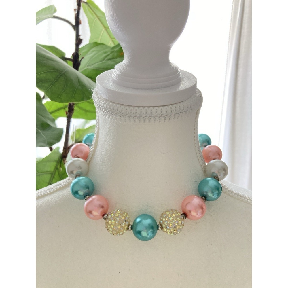 Chunky Pastel Choker Beaded Necklace Pink Teal White AB Rhinestone Statement